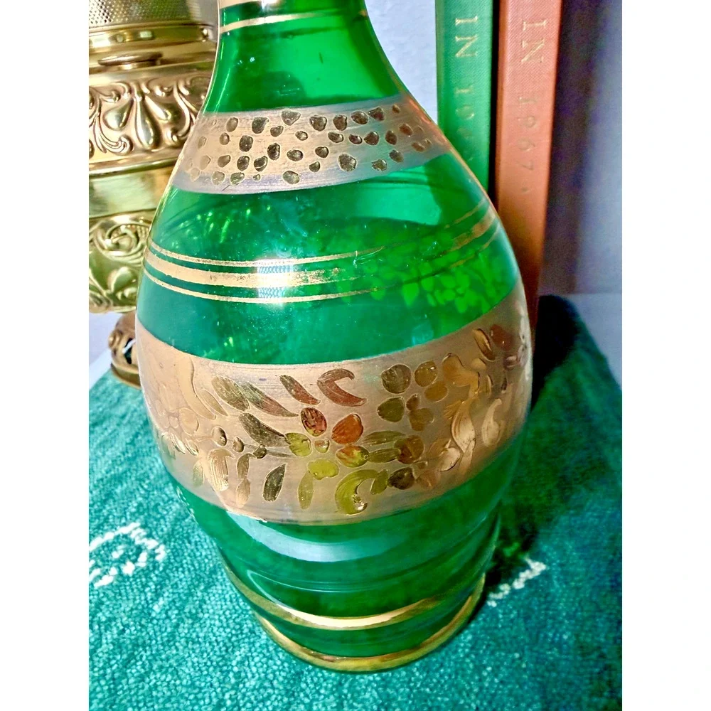 Vintage Emerald Green Glass Vase Gold Gilt Floral Decor 9.5